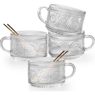 Ymyaye Vintage Glass Coffee Mugs Set of 4, 14 Ounces Embossed Glass Coffee Cups Stackable Coffee Mug