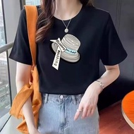 Summer 100% Cotton Short Sleeve T-Shirt for Women - Loose Fit with Hat Print & Round Neck