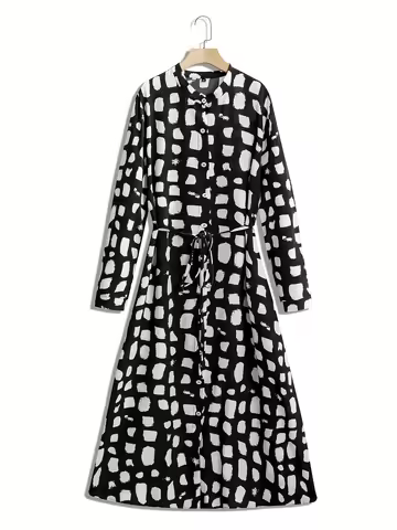Plus Size Black White Print Dress, Long Sleeve Belted Button Down A-Line Midi Office Daily Wear 1-5X