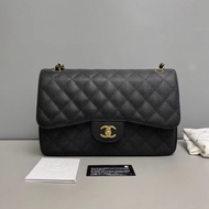 Chanel香奈兒 CF jumbo黑金牛皮荔枝紋雙蓋包
