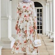 Baju Raya Ironless Abaya Kaftan Jubah Muslimah Women Outfit Chiffon Floral Long Sleeve Maxi Dress