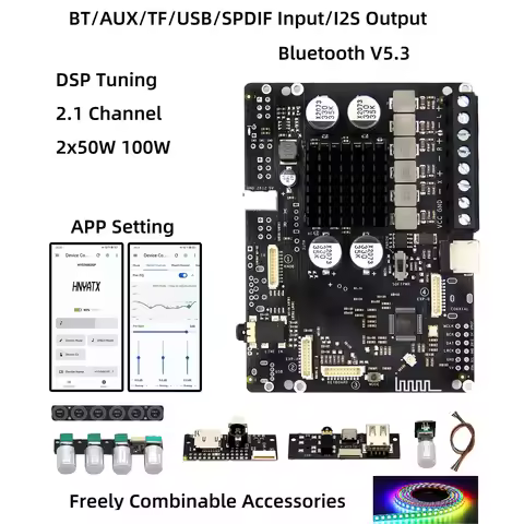 App Controlled Bluetooth 5.3 DSP Tuned 2.1 Amplifier 2x40/50W Subwoofer 100W Effects WS2812 Inputs T