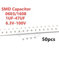 50pcs 0603 1608 SMD Capacitor 1UF 2.2UF 4.7UF 10UF 22UF 47UF 6.3V 10V 16V 25V 35V 50V 63V 100V X7R X