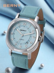 Berny男裝機械手錶,藍色帆布錶帶,休閒商務風格,枕型錶殼,日期顯示窗,藍寶石水晶透明後蓋,強光發光指標和指針,50米防水