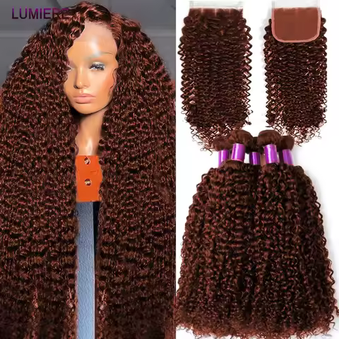 #33Auburn Brown Deep Afro Kinky Curly Virgin Human Hair Bundle With Closure Frontal HD Transparent L