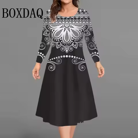 8XL 9XL Plus Size Women Dresses Loose Casual Long Sleeve O-Neck Dress 3D Flowers Print Big Size Stre