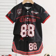 Young Boys' Summer Baseball Outfit,Gothic Chicago Text Number 88 Star Print Polo Short Sleeve Cardig
