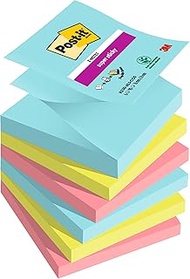 Post-it Super Sticky Z-Notes, Cosmic Colour Collection, Pack of 6 Pads, 90 Sheets per Pad, 76 mm x 7