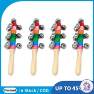 CU 4 Pcs Hand Jingle Bells, Rainbow Handle Wooden Bells Jingle Stick Shaker Rattle Baby Kids Childre