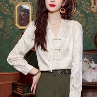 Baju Atasan Wanita Nipis Musim Bunga Musim Gugur 2025 Gaya Cina Berleher V Retro Dipasangkan dengan 