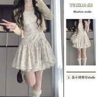 Women's Floral Halter Dress Set with Short WoolJacket Stylish College Outfit