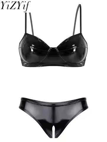 Womens Wet Look Patent Leather Latex Lingerie Set Wireless Bra Top with High Cut Front Zipper Briefs