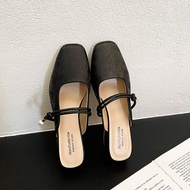 เย็บปักถักร้อยกึ่งรองเท้าแตะส้นสูง 2025 ฤดูร้อนใหม่รองเท้าส้นหยาบ Mueller รองเท้าสตรี