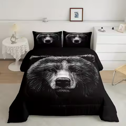 3D Bear Comforter Set Fierce Animal Black Theme Duvet Insert For Adult Women Scary Eye Cool Bear Qui
