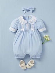 新款法式復古風格嬰兒女裝，洋娃娃領，泡泡袖，褶邊連體褲和蕾絲蝴蝶結短褲