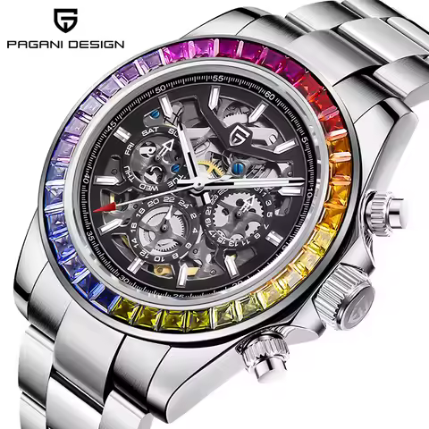 PAGANI DESIGN 40mm Fashion Rainbow Bezel Men Mechanical Wristwatch Luxury Sapphire Glass Hollow Out 