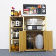 Multifunctional Kitchen Cabinet With Natural Wooden Frame 78x30x70cm, Microwave Shelf, 3-Storey Pine Wood Cupboard