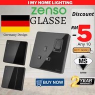 SIRIM ZENSO Glasse switch Black Glass Rocker Switches & Socket Suis Kaca Lampu Rumah 1gang 13A 20A