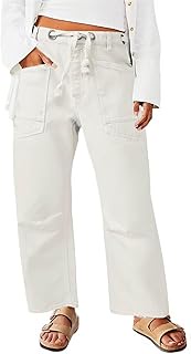 Wide Leg Mid Waist Causal Baggy Barrel Jeans for Women Drawstring Eyelet Waist Denim Pants