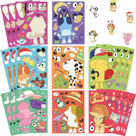 8 Sheets Bluey Puzzle Stickers Waterproof DIY Decals For Phone Case Luggage Laptop Kids Cartoon Deco