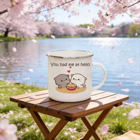 Enamel Breakfast Original Beer Cup for Coffee Mug Cute New Peach and Goma Cat Mug Unusual Mugs Funny