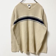 古著 OLD NAVY 長袖 V 領條紋針織毛衣，米色，超大號，XL 碼