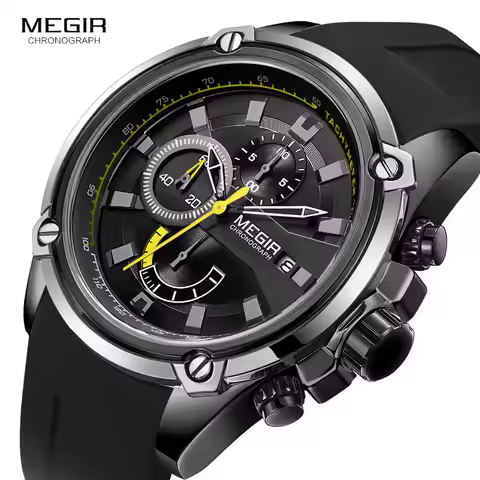 MEGIR Army Sports Quartz Watches for Men Black Silicone Strap Military Marine Chronograph Wristwatch