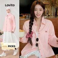 (KOL‘s pick) Lovito Casual Blouse Plain Bow Embroidery Draped Blouse for Women L94AD004