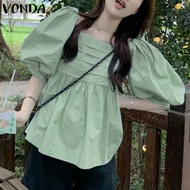 VONDA เสื้อคอเหลี่ยมสวยสง่าผู้หญิงพองครึ่งแขนเสื้อมีจีบลำลองทูนิคเสื้อสีทึบ (ลำลองเกาหลี)