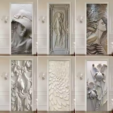 37x84/30x78inch Adhesive Removable Sticker for Door Cabinet European 3D Relief Portrait Beauty Flowe