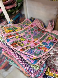 Double Sided Handblock Zipper Canvas Tote Bag