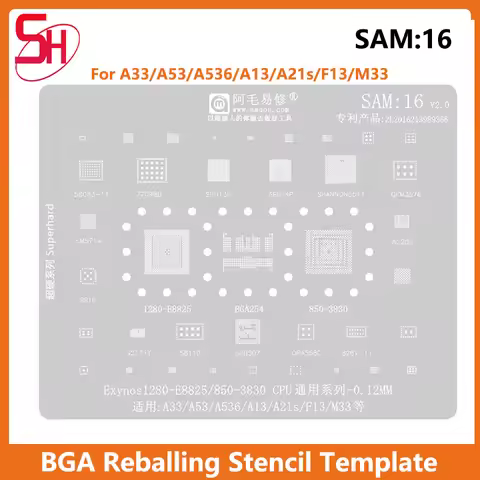 Amaoe SAM:16 BGA Reballing Stencil Template pour Samsung A33,A53, A536,Planting Net, Exynos1280, E88
