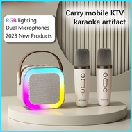 Mini outdoor karaoke Bluetooth speaker portable audio microphone with double wheat microphone home karaoke speaker