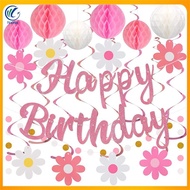 Birthday Party Decorations Pre-Strung Happy Birthday Banner with Honeycomb Ball for Women Girl