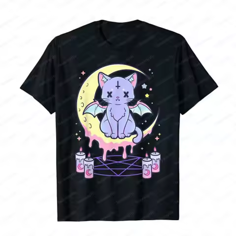 Kawaii Pastel Goth Cute Creepy Black Cat Tshirt Women Summer XS-4XL Tops Creative Pattern Personaliz