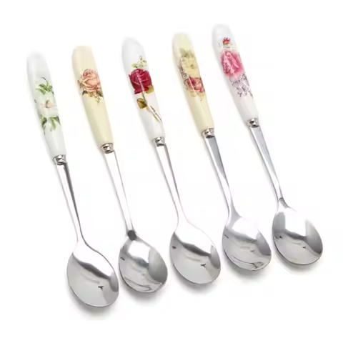 1 PC Rose Flowers Ceramics Coffee Spoon Kitchen & Dining Stainless Steel Ice Cream Dessert Scoop Tea