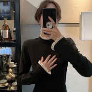 Autumn and Winter fleece-lined T-shirt Thickened Lace Shirt Retro Inner Crew neck T-shirt