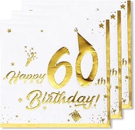 Pack of 20 Napkins 60th Birthday Decoration, 33 x 33 cm, White and Gold, 2-Ply, Napkins