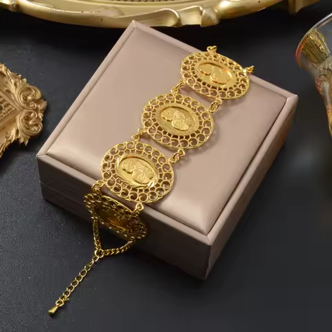Vintage Turkish Coin Chain Bracelet for Women 21K Gold Plated Arabic Dirham Bangle Dubai Middle East