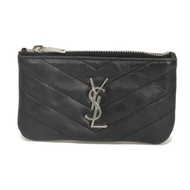 二手 SAINT LAURENT PARIS Monogram 鑰匙包，光滑小牛皮，絎縫鑰匙圈，銀色零錢包，YSL 黑色零錢包 438386 CWU02 1000