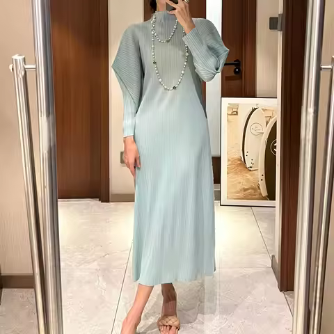 Miyake Pleated Long Sleeved High Collar Dress Women's Autumn New High Fashion Causal Dress