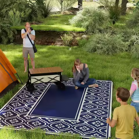 Outdoor Rug, 9' x 12' Floor Mat, Blue White Gourd Border