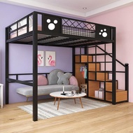 Modern Minimalist Loft Apartment Loft Bed Iron Elevated Bed Sheets Upper Floor Small Apartment Space