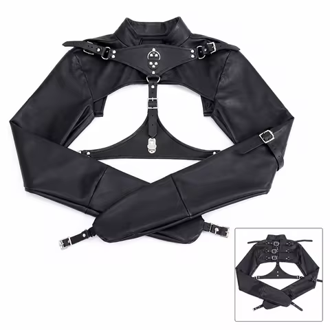 Black PU Leather Bondage Harness Jacket Top, Adjustable Buckle Straps, Lace-Up Front Design, Long Sl