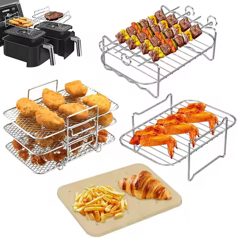 Rectangle Air Fryer Rack Set For Ninja DZ201/DZ401 Double Basket Oven Grill Holder Airfryer Paper Li