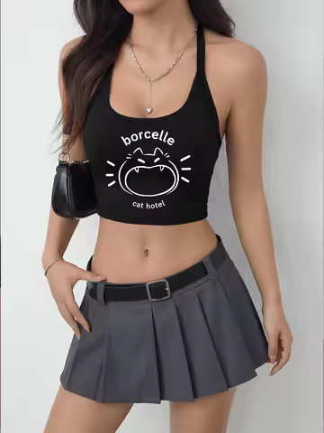 "Borcelle Cat Hotel" Cartoon Cat Print Halter Crop Top, Women's Funny Casual Sleeveless Slim Fit Tan