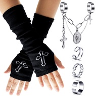 Women Goth Arm Sleeve Fingerless Goth Arm Warmers Cool Black Hip Hop Gloves Punk Chain Finger Rings 