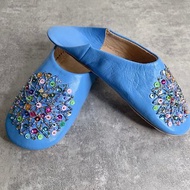 摩洛哥 babouche 室內拖鞋 珠串刺繡 糖果花磚 天藍