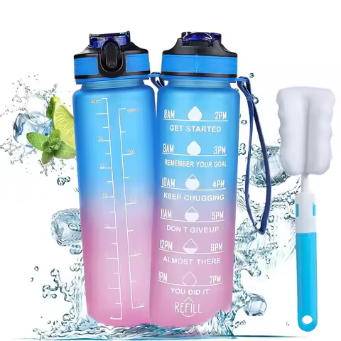 1L Water Bottle With Straw 32oz Water Bottle With Time Marker Motivational Tritan, Bpa Free Leak Pro