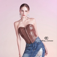 CALLING_COSTUME เกาะอกหนังทรงสวย สีน้ำตาล แมชกับกระโปรงยีนส์ขาดเซอร์ เก๋สุดๆ  Top (CL251) Skirt jean